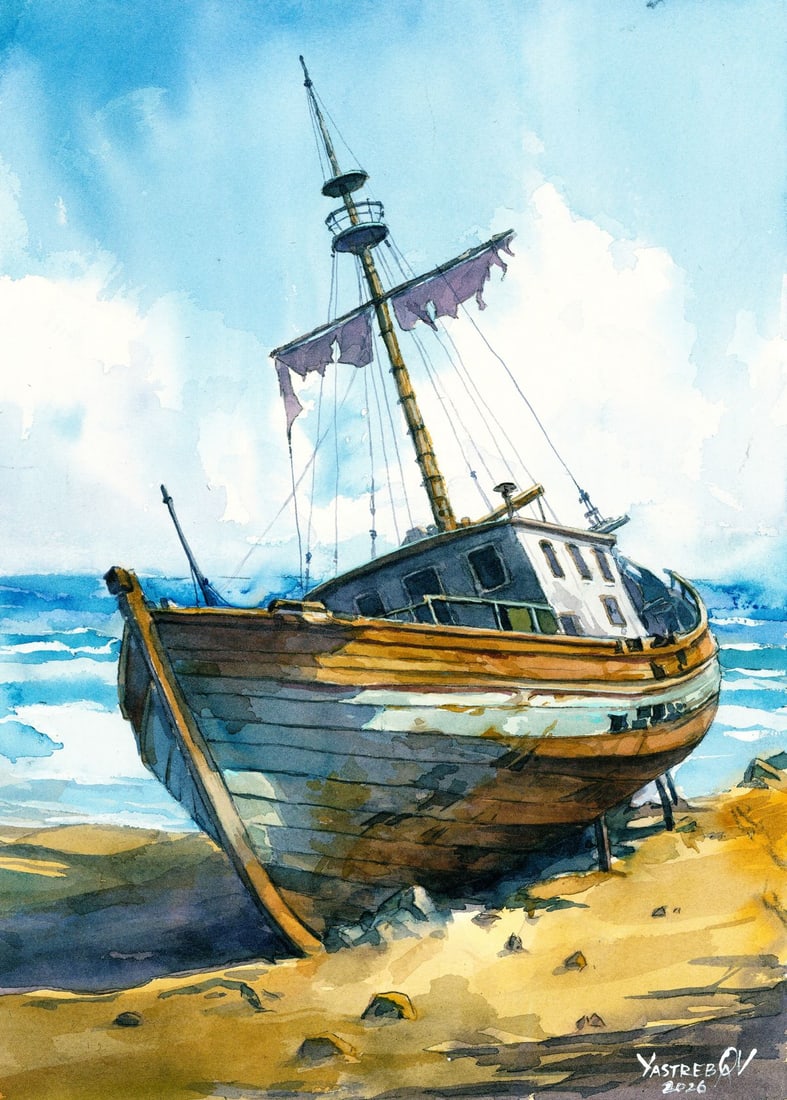 Aleksandr Yastrebov (Ukraine,b 1989) watercolor painting: ARTIST: Aleksandr Yastrebov (Ukrainian, born 1989) TITLE: Beached Boat MEDIUM: watercolor on heavy paper CONDITION: Very good. ART SIZE: 15 x 10 inches /