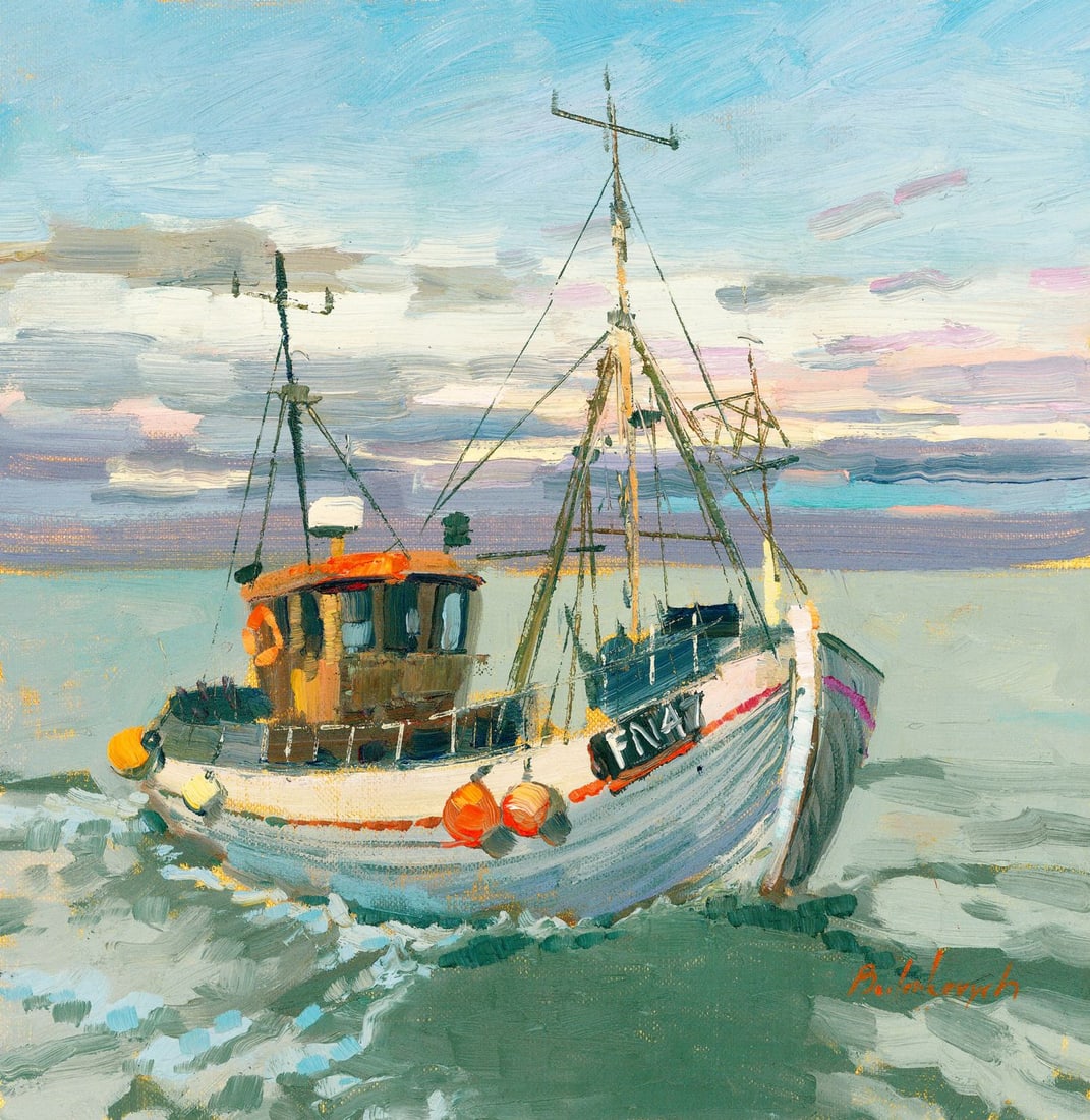 Volodymyr Budenkevych (Ukraine,20/21C) oil painting: ARTIST: Volodymyr Budenkevych (Ukrainian, 20/21 centuries) TITLE: Sunset Seascape with Fishing Boat MEDIUM: oil on heavy paper CONDITION: Very good. No visible inpaint under