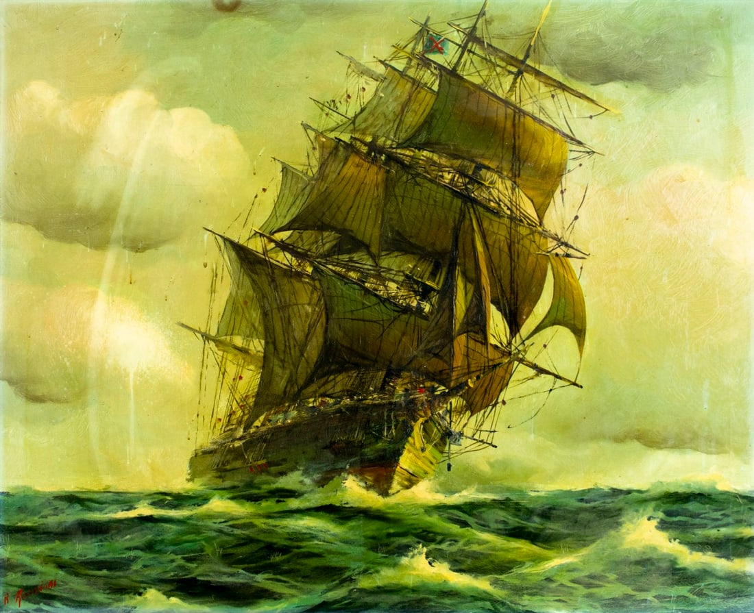 Vintage 20C oil painting signed: ARTIST: - (20 century) TITLE: Seascape with Sail Ship MEDIUM: oil on canvas CONDITION: Would benefit from cleaning. Few small paint losses. Some craquelure. No visible inpai