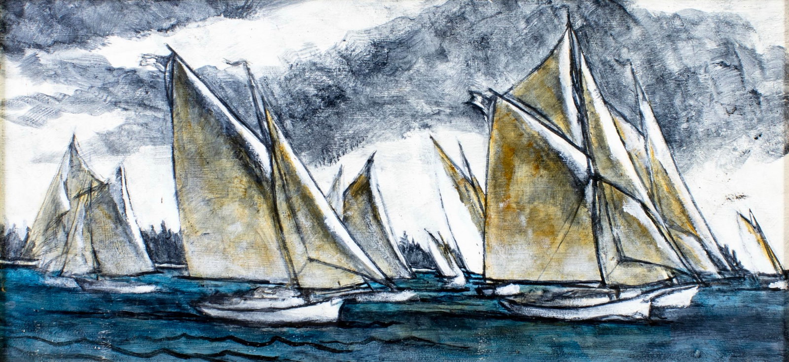 Vintage mid 20C American oil painting: ARTIST: - (American, mid 20 century) TITLE: Yacht Regatta MEDIUM: oil on board CONDITION: Very good. No visible inpaint under UV light. ART SIZE: 10 x 22