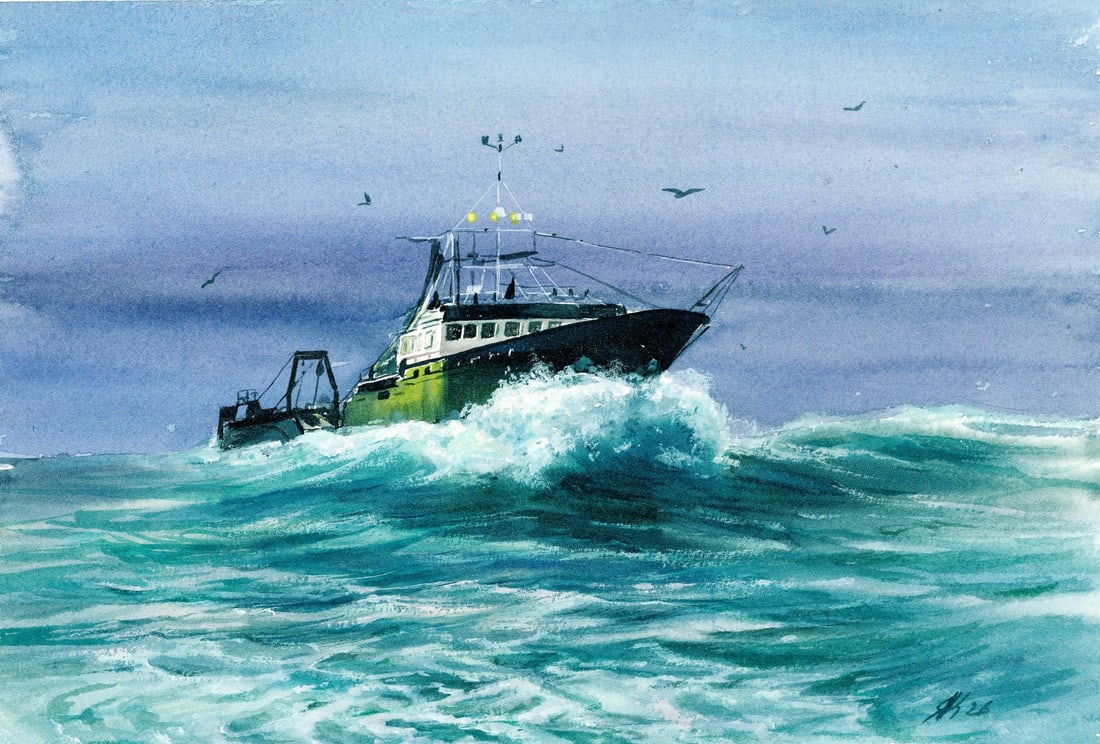 Yana Karpenko (Ukraine,20/21C) watercolor painting: ARTIST: Yana Karpenko (Ukraine, 20/21 centuries) TITLE: Seascape with Fishing Boat MEDIUM: watercolor on heavy paper CONDITION: Very good. ART SIZE: 8 x