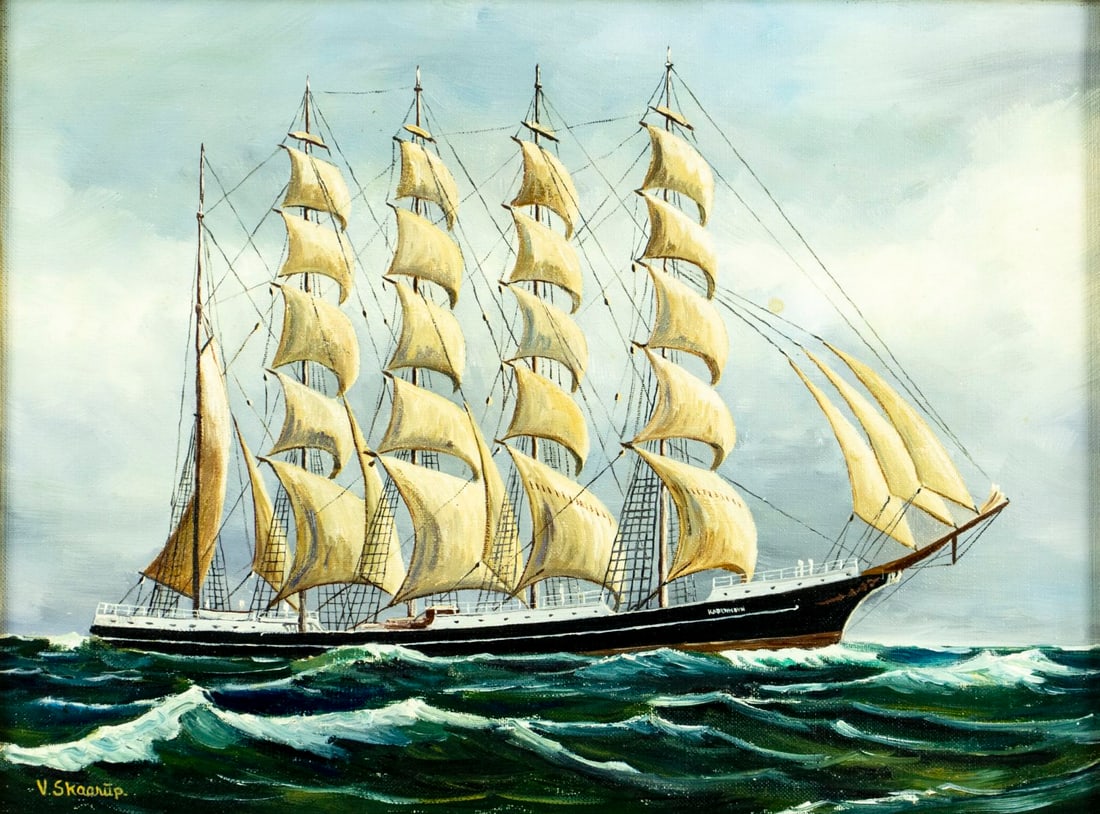 V Skaarup (Denmark,20C) oil painting: ARTIST: V Skaarup (Danish, 20 century) TITLE: Seascape with Sail Ship MEDIUM: oil on canvas CONDITION: Overall good. No visible inpaint under UV light. Wear to frame.