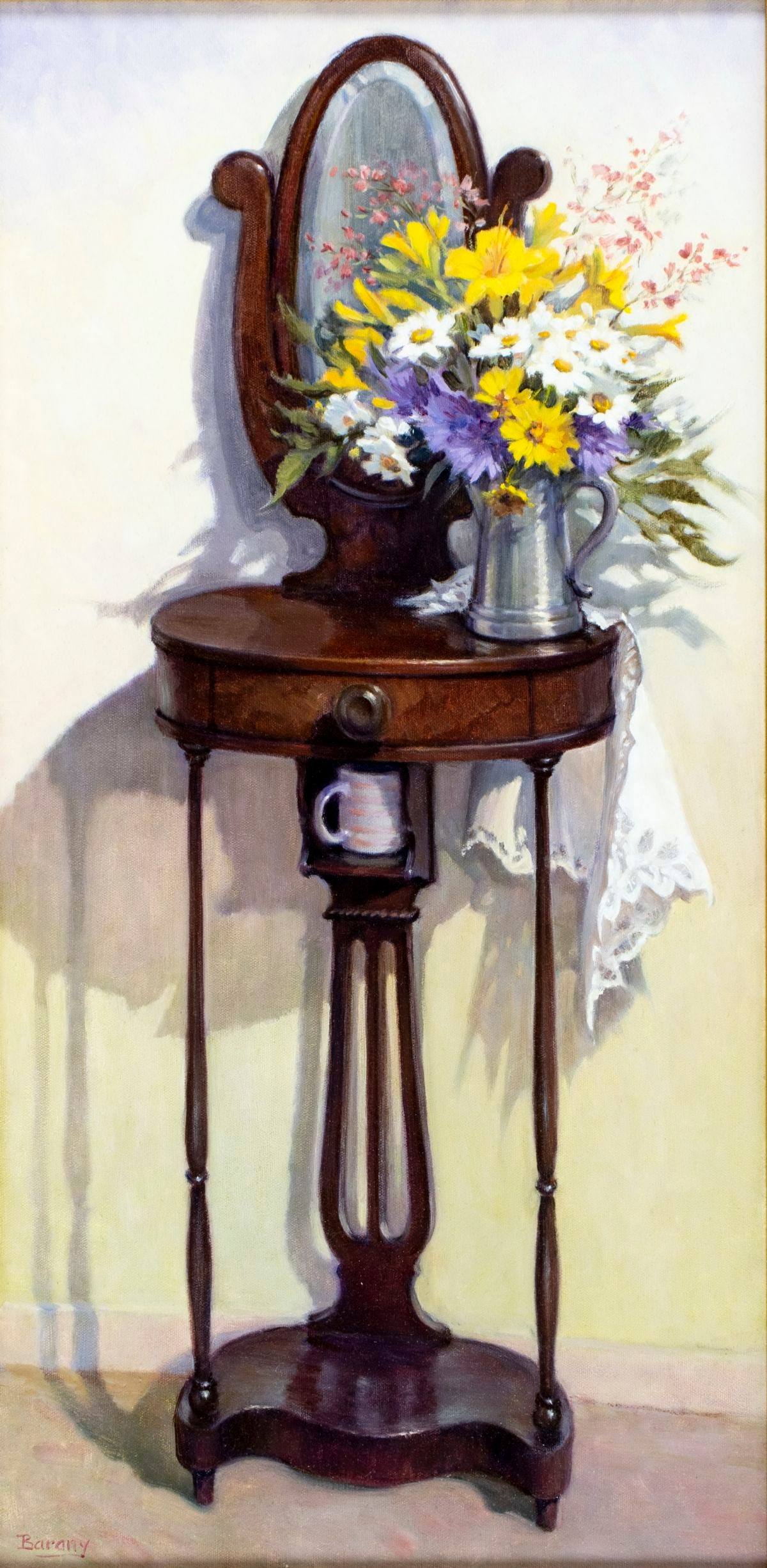 Carol Barany (PA,OH,1935-?) oil painting: ARTIST: Carol Barany (Pennsylvania, Ohio, 1935 - ???) TITLE: Bills Shaving Stand (titled on stretcher) MEDIUM: oil on canvas CONDITION: Very good. No visible inpaint under U
