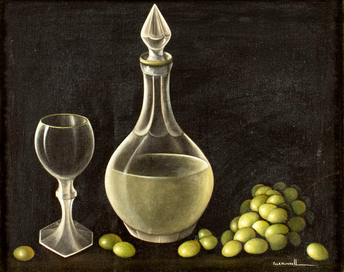 Jack Hammell (US,20C) oil painting: ARTIST: Jack Hammell (American, 20 century) TITLE: Still Life with Decanter, Glass and Grapes MEDIUM: oil on canvas CONDITION: Very good. No visible inpaint under UV light.