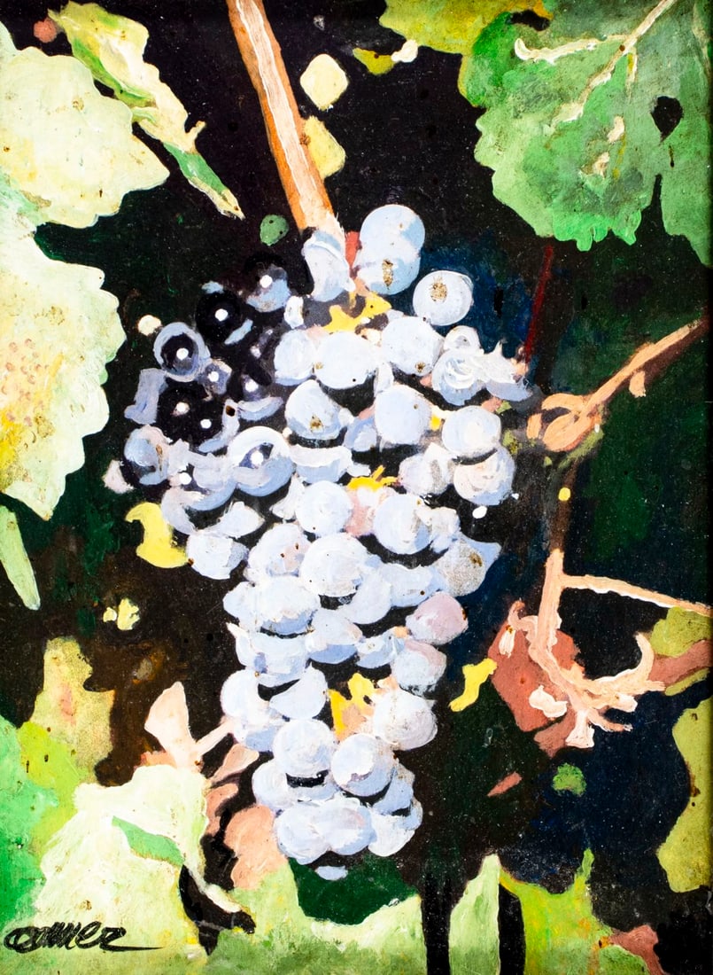 Serge Gomez (French,1941-?) oil painting: ARTIST: Serge Gomez (France, 1941 - ???) TITLE: Still Life with Grapes - Plein de Soleil (titled on label) YEAR: 2005 MEDIUM: oil on board CONDITION: Ver