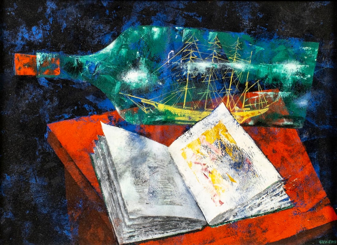 Guy Edgar Fry (PA,1903-1987) acrylic painting: ARTIST: Guy Edgar Fry (Pennsylvania, 1903 - 1987) TITLE: Still Life with Book and Ship in Bottle MEDIUM: acrylic on board CONDITION: Some air bubbles between paper and board
