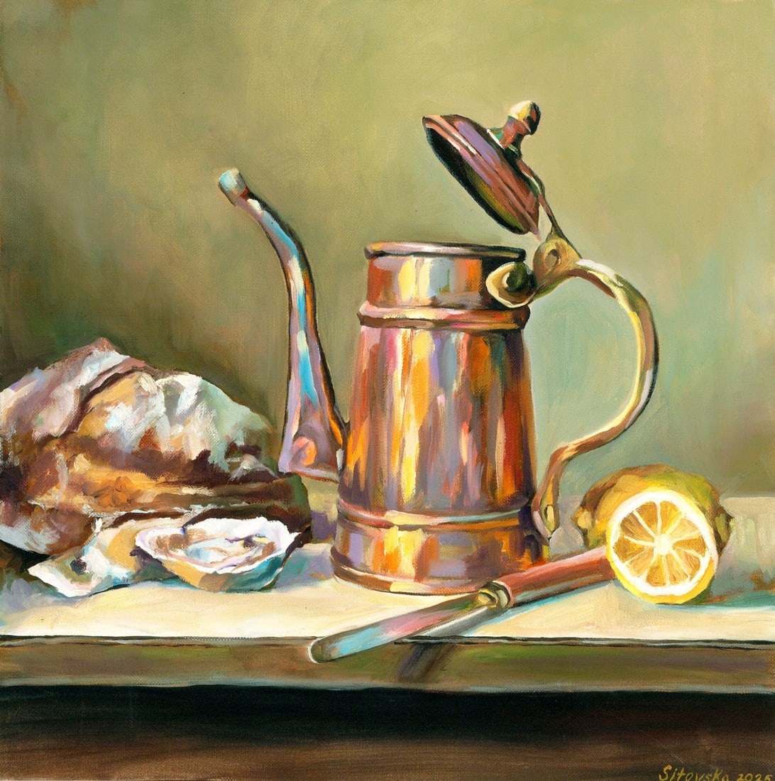 Anna Sitovska (Ukraine,20/21C) oil painting: ARTIST: Anna Sitovska (Ukrainian, 20/21 centuries) TITLE: Still Life with Teapot and Oysters MEDIUM: oil on heavy paper CONDITION: Very good. No visible inpaint under UV li
