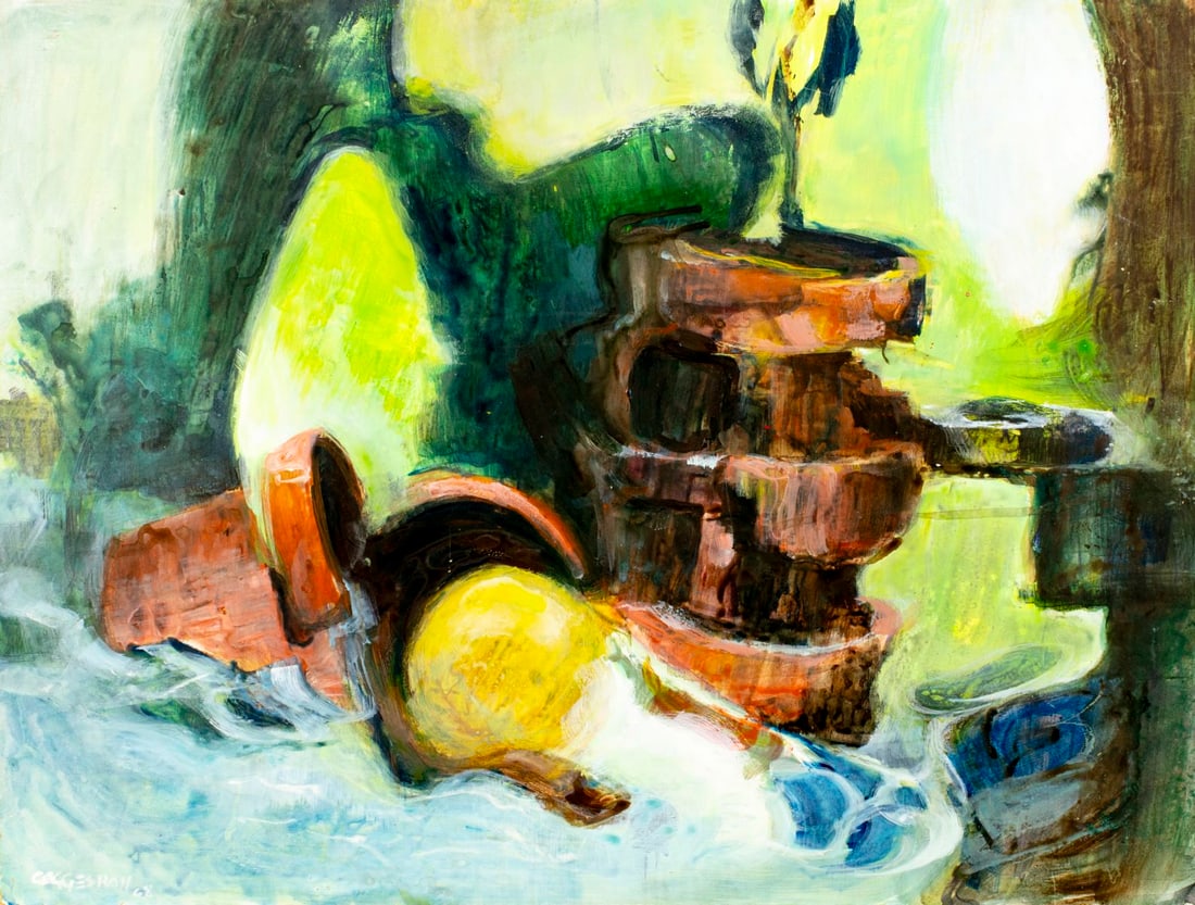 George Seton Coggeshall (IL,1914-1994) oil painting: ARTIST: George Seton Coggeshall (Illinois, 1914 - 1994) TITLE: Still Life YEAR: 1968 MEDIUM: oil on board CONDITION: Some small damages to edges and corn