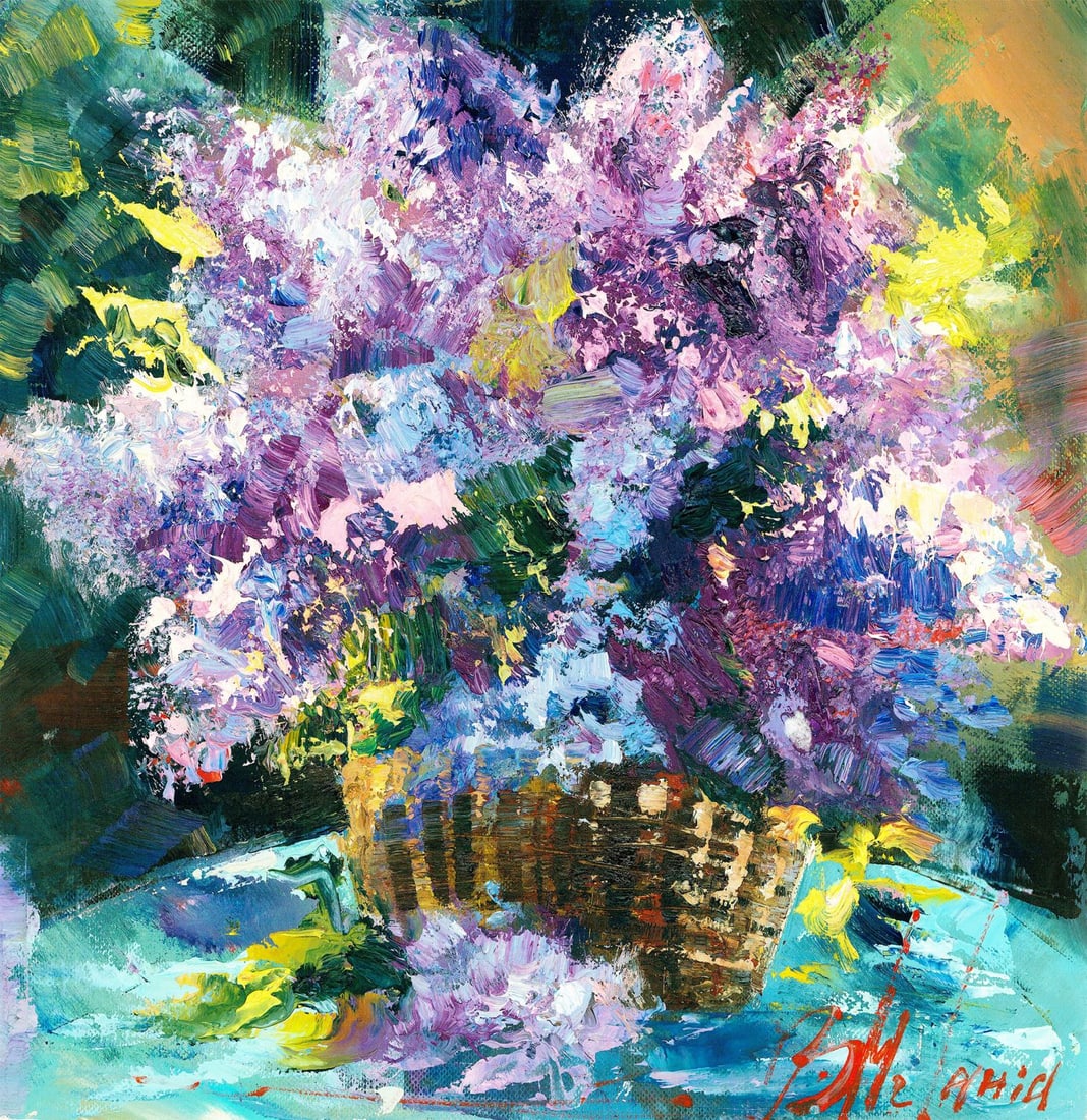 Melania Balanyuk (Ukraine,20/21C) oil painting: ARTIST: Melania Balanyuk (Ukraine, 20/21 centuries) TITLE: Still Life with Basket of Flowers MEDIUM: oil on heavy paper CONDITION: Very good. No visible inpaint under UV lig