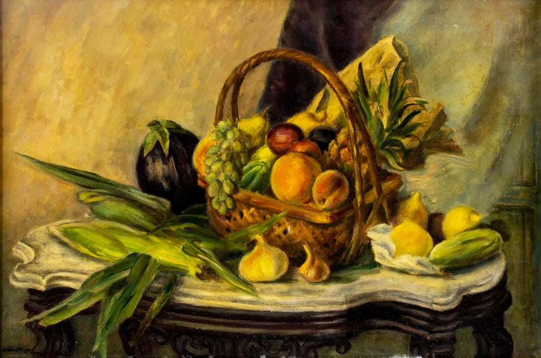 Mildred G Wright (NJ,CT,1888-?) oil painting: ARTIST: Mildred G Wright (New Jersey, Connecticut, 1888 - ???) TITLE: Still Life with Vegetables MEDIUM: oil on canvas CONDITION: Few minor scratches/paint losses by the low