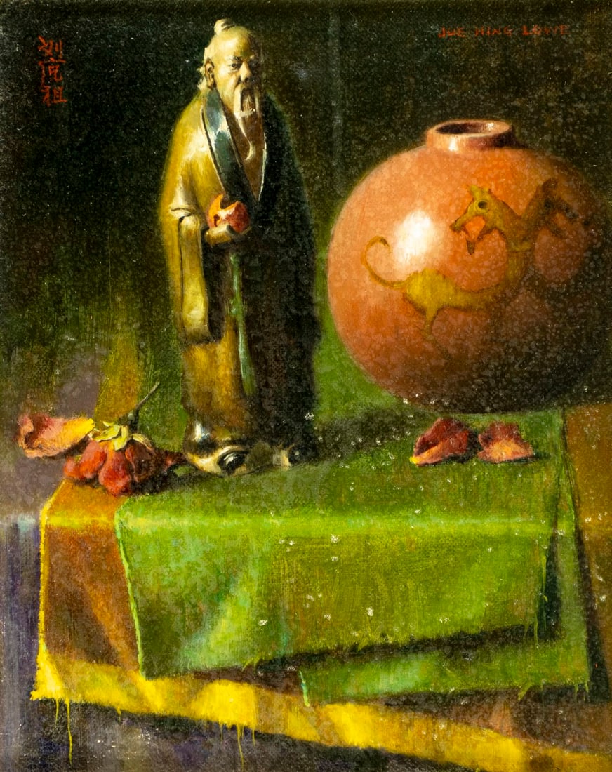 Joe Hing Lowe (NY,China,1933-2015) oil painting: ARTIST: Joe Hing Lowe (New York, Chinese, 1933 - 2015) TITLE: Still Life - Dry Rose with Figure (titled on label) YEAR: circa 1968 MEDIUM: oil on canvas CONDITIO