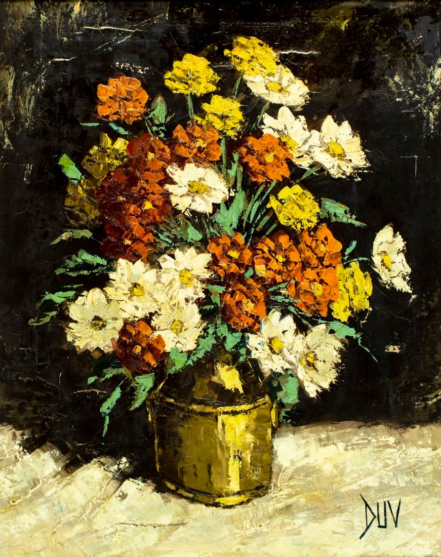 Joseph Duv (Algeria,1918-?) oil painting: ARTIST: Joseph Duv (Algerian, 1918 - ???) TITLE: Still Life with Flowers MEDIUM: oil on canvas CONDITION: Some patches. Some scratches/paint losses. Some craquelure. No visi