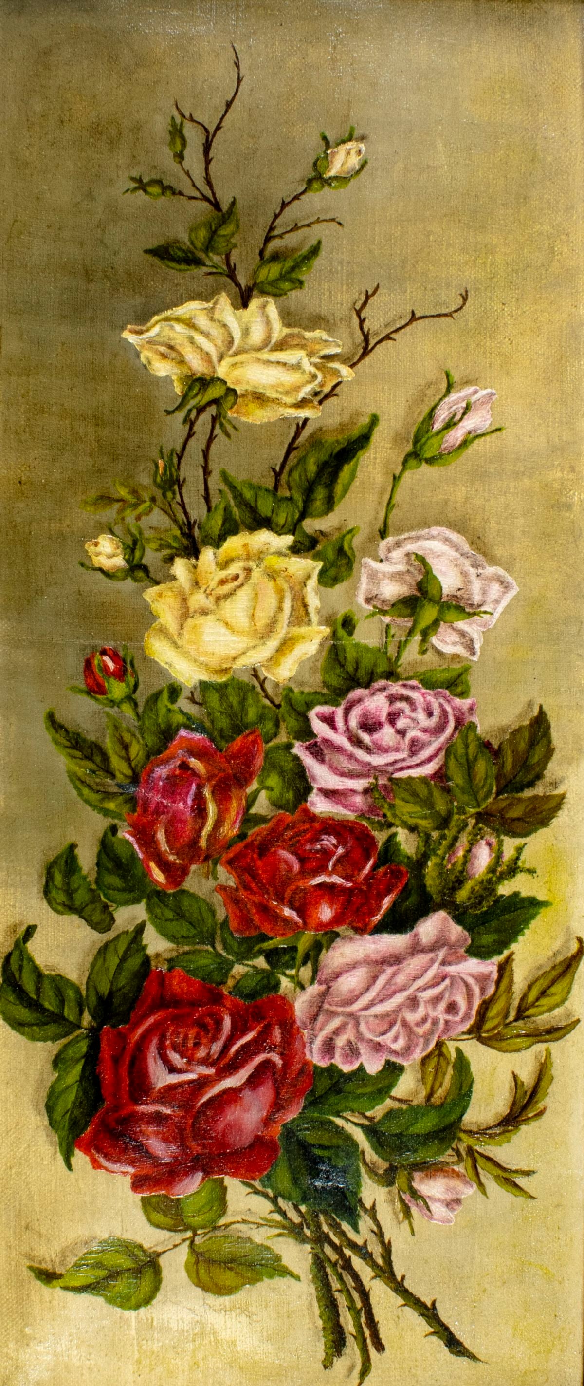 Antique early 20C American oil painting: ARTIST: - (American, early 20 century) TITLE: Still Life with Roses MEDIUM: oil on canvas CONDITION: Few repaired tears with corresponding inpaintings. Very minor craquelur