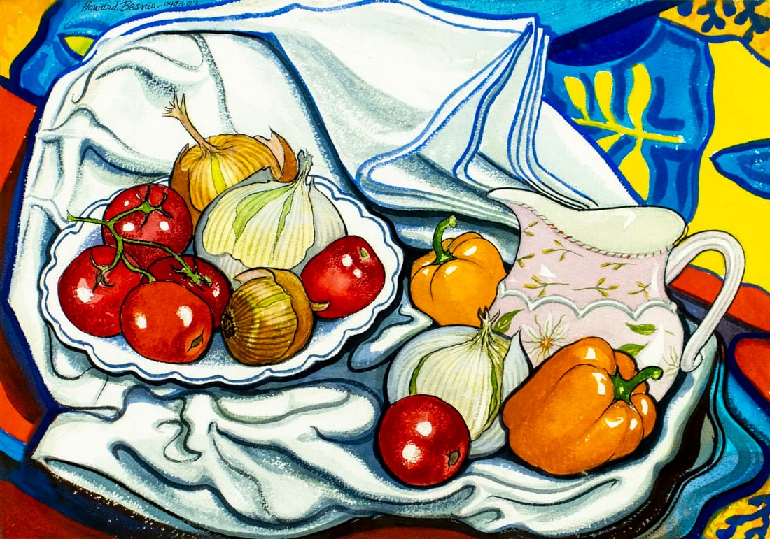 Howard John Besnia (MA,1921-2014) watercolor painting: ARTIST: Howard John Besnia (Massachusetts, 1921 - 2014) TITLE: Still Life with Vegetables YEAR: 2007 MEDIUM: watercolor on paper CONDITION: Overall good.