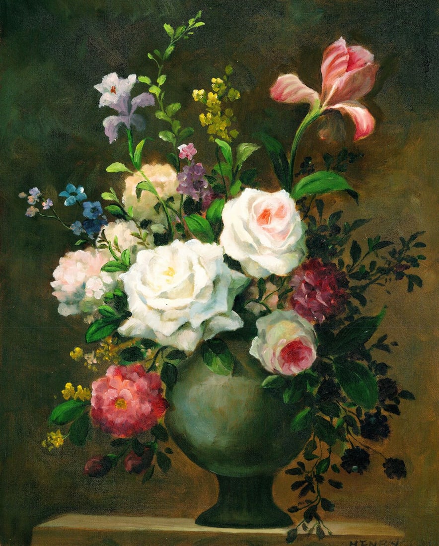 C S Henry (Europe,20C) oil painting: ARTIST: C S Henry (European, 20 century) TITLE: Still Life with Vase of Flowers MEDIUM: oil on canvas CONDITION: Unstretched (In-House stretching available). Few minor paint