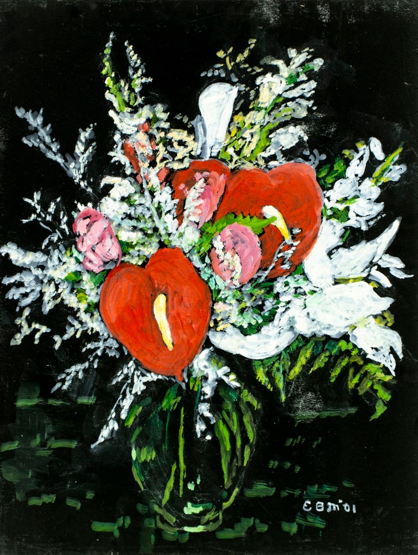 Evelyn Metzger (NY,Brazil,1911-2007) oil painting: ARTIST: Evelyn Borchard Metzger (New York, Brazilian, 1911-2007) TITLE: Still Life with Vase of Flowers YEAR: 2001 MEDIUM: oil on board CONDITION: Some s