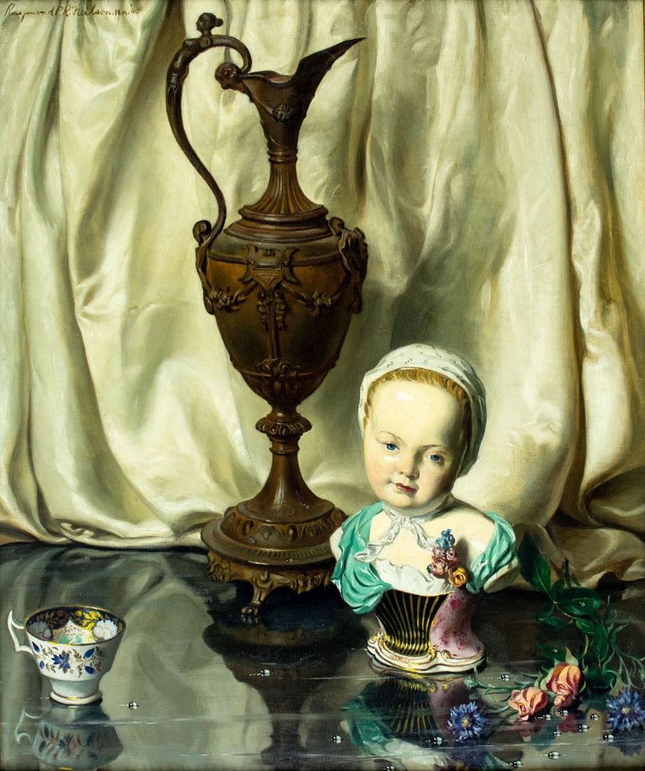 Raymond Neilson (NY,CA,1881-1964) oil painting antique: ARTIST: Raymond Perry Rodgers Neilson (New York, Califonia, 1881 - 1964) TITLE: Still Life - The Little Lady and the Urn (titled on verso) YEAR: 1943 MEDIUM: oil on canvas
