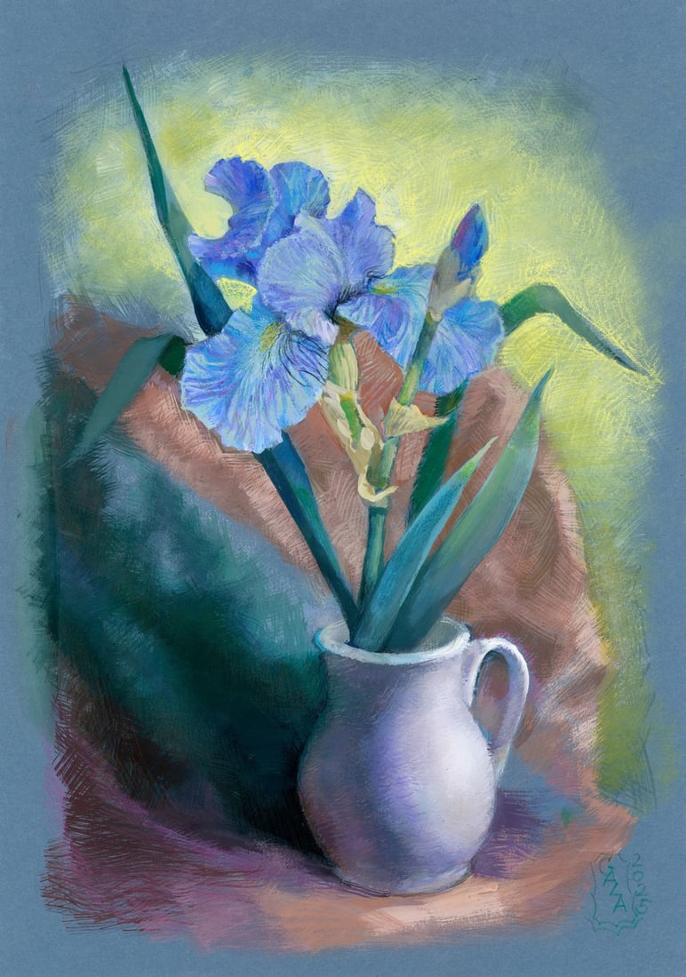 Gala Kazakova (Ukraine,20/21C) mixed media painting: ARTIST: Galina Chuprakova - Kazakova (Ukrainian, 20/21 centuries) TITLE: Still Life with Vase of Flowers MEDIUM: mixed media on heavy paper CONDITION: Very good.