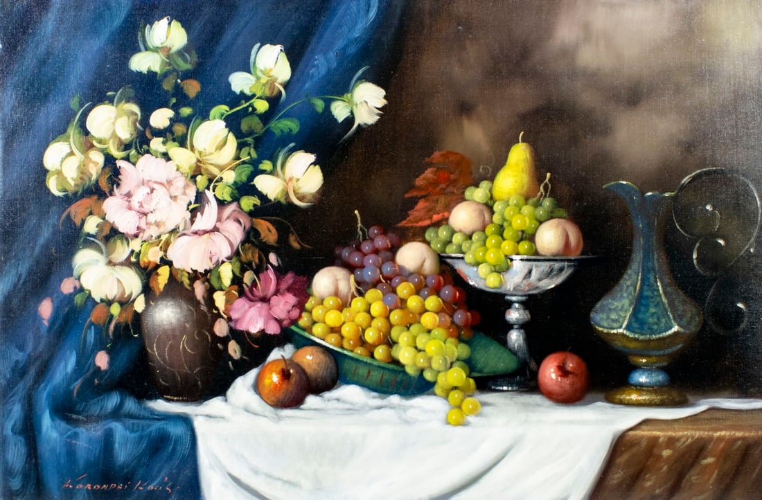 Vintage 20C Hungarian oil painting signed: ARTIST: - (Hungary, 20 century) TITLE: Still Life with Fruits and Flowers MEDIUM: oil on canvas CONDITION: Minor scratches/paint losses mostly in the lower left quadrant. No