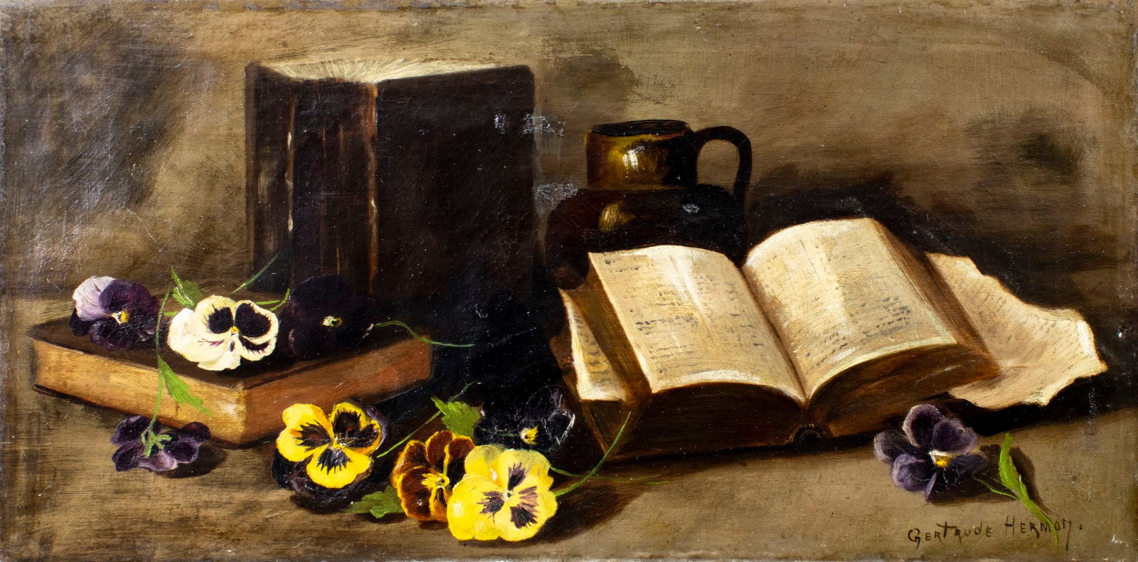 Gertrude Hermon (US,19C) oil painting antique: ARTIST: Gertrude Hermon (American, 19 century) TITLE: Still Life with Books and Flowers MEDIUM: oil on canvas CONDITION: Some patches. Few small scratches/paint losses. Some