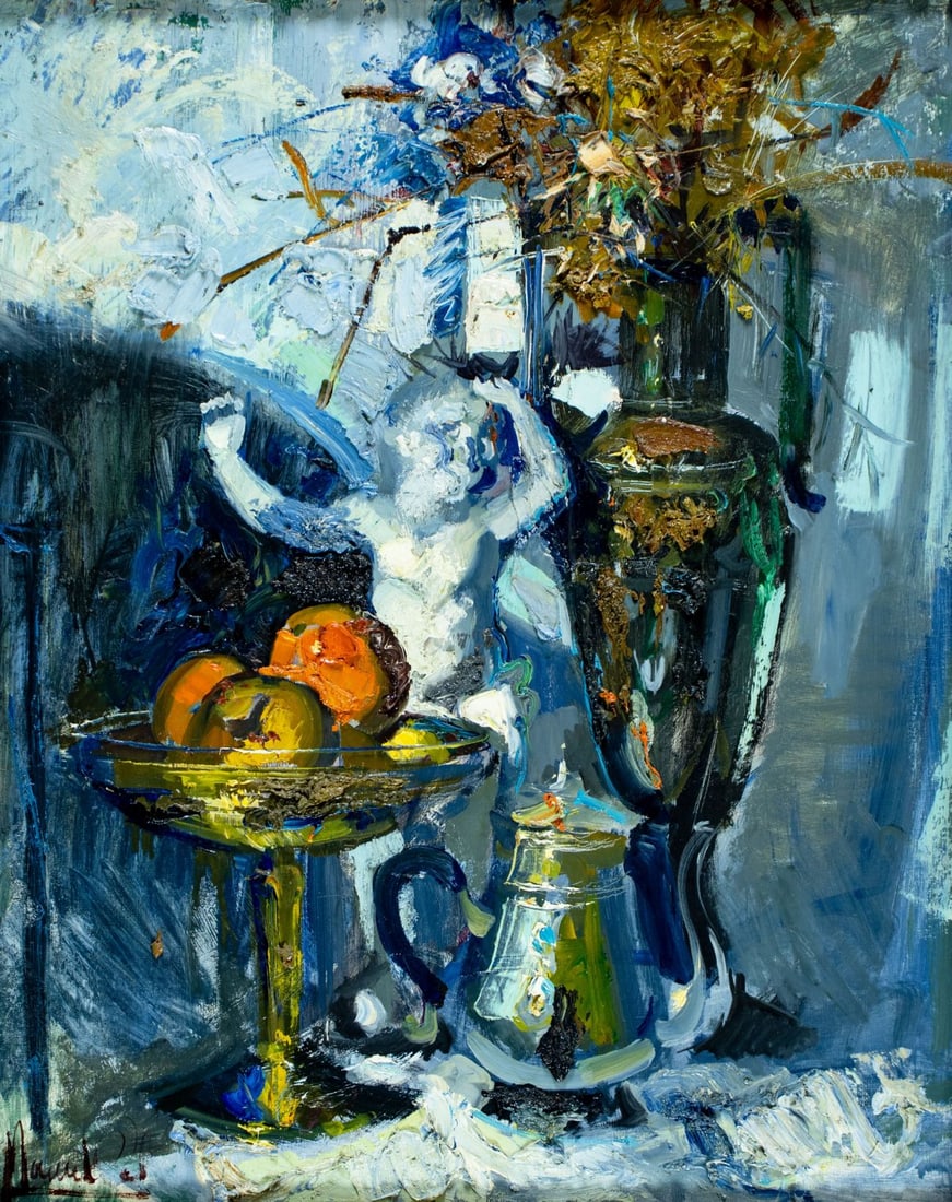 Vintage 20C Spanish oil painting signed: ARTIST: - (Spain, 20 century) TITLE: Still Life with Fruit and Kettle MEDIUM: oil on canvas CONDITION: Few small paint losses. Minor craquelure. No visible inpaint under UV