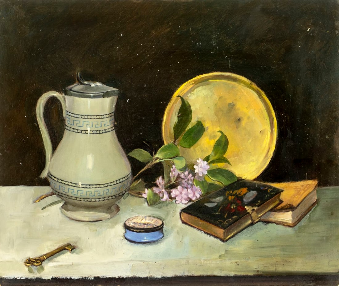 Charles Yeiser (NY,1925-2005) oil painting: ARTIST: Charles William Yeiser (New York, 1925 - 2005) TITLE: Still Life with Jug, Flowers and Books MEDIUM: oil on board CONDITION: Minor damages to corners. Some small scr