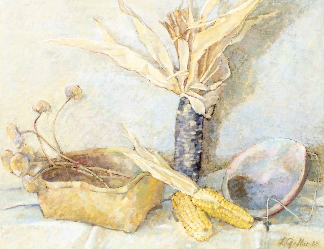 L Gellar (US,20C) oil painting: ARTIST: L Gellar (American, 20 century) TITLE: Still Life with Corn YEAR: 1985 MEDIUM: oil on canvas CONDITION: Few minor scratches/paint losses. No visi