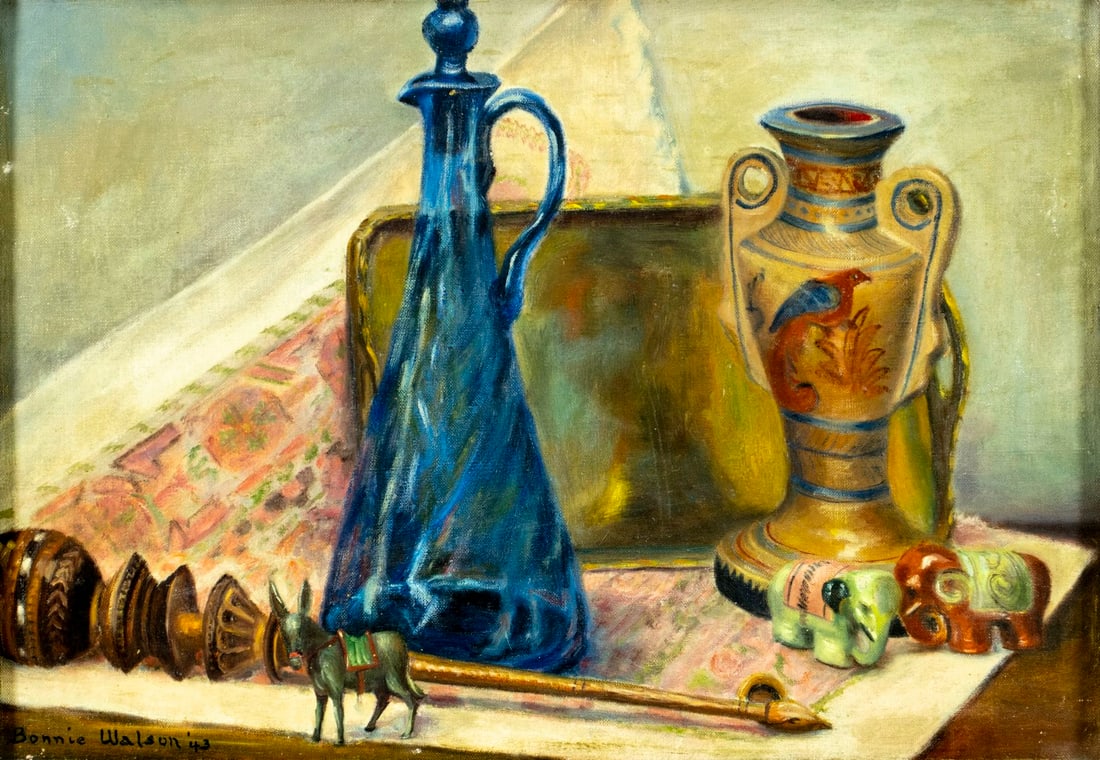 Bonnie Walson (NY,mid 20C) oil painting: ARTIST: Bonnie Walson (New York, mid 20 century) TITLE: Still Life with Vases YEAR: 1943 MEDIUM: oil on canvas CONDITION: Minor scratches/paint losses mo