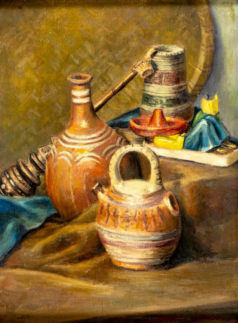 Bonnie Walson (NY,mid 20C) oil painting: ARTIST: Bonnie Walson (New York, mid 20 century) TITLE: Still Life with Pottery YEAR: 1941 MEDIUM: oil on canvas CONDITION: Missing a few flakes of paint