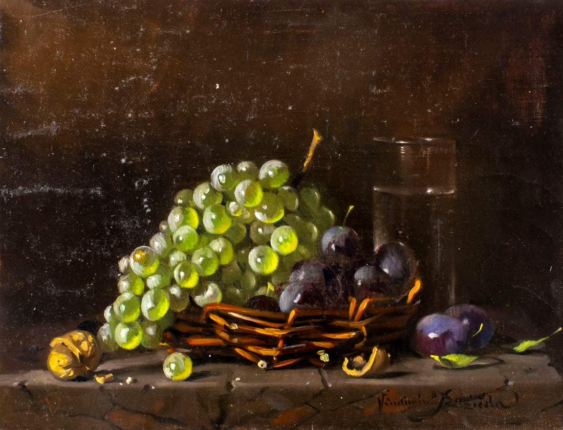 Vladimir Ruzicka (Czech,1913-?) oil painting: ARTIST: Vladimir Ruzicka (Czech Republic, 1913 - ?) TITLE: Still Life with Grapes, Plums and Glass MEDIUM: oil on canvas CONDITION: Unstretched (In-House stretching availabl