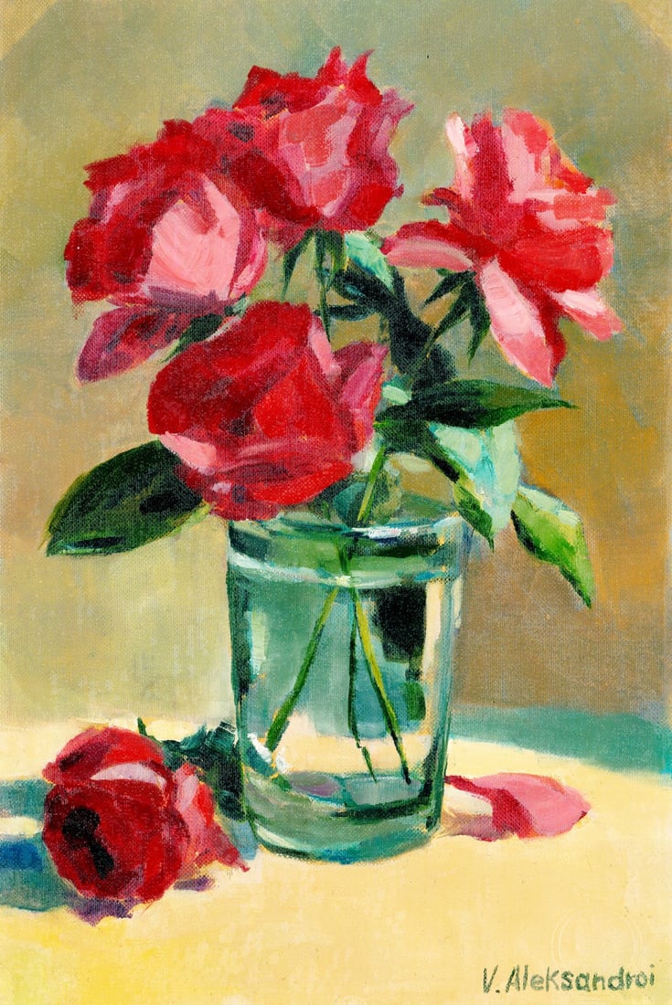 Victoria Aleksandroi (Ukraine,20/21C) oil painting: ARTIST: Victoria Aleksandroi (Ukraine, 20/21 centuries) TITLE: Still Life with Roses MEDIUM: oil on heavy paper CONDITION: Very good. No visible inpaint under UV light. <