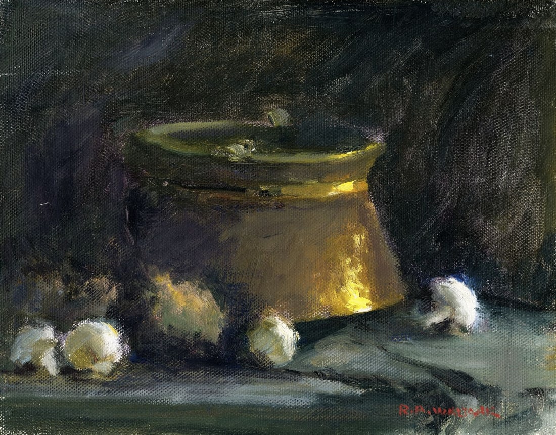 Robert Waltsak (NJ,b 1944) oil painting: ARTIST: Robert Alan Waltsak (New Jersey, born 1944) TITLE: Still Life with Copper Pot MEDIUM: oil on canvas board CONDITION: Few minor scratches/paint losses. No visible inp
