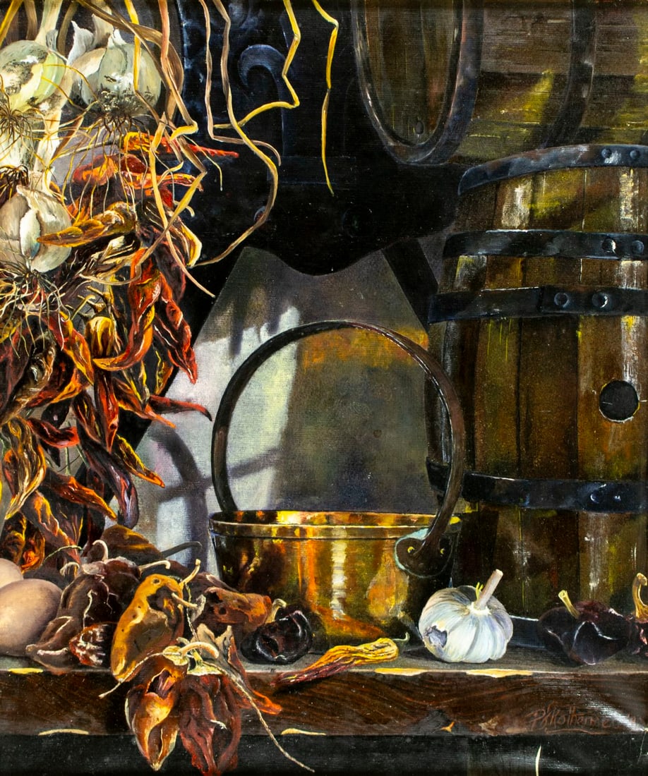 Paula Jane Rothermel (Spain,20C) oil painting: ARTIST: Paula Jane Rothermel (Spanish, 20 century) TITLE: Still Life - Sarten de Christine con Barriles y Pimientos Secos (titled on verso) YEAR: 1992 MEDIUM: oil on canvas<
