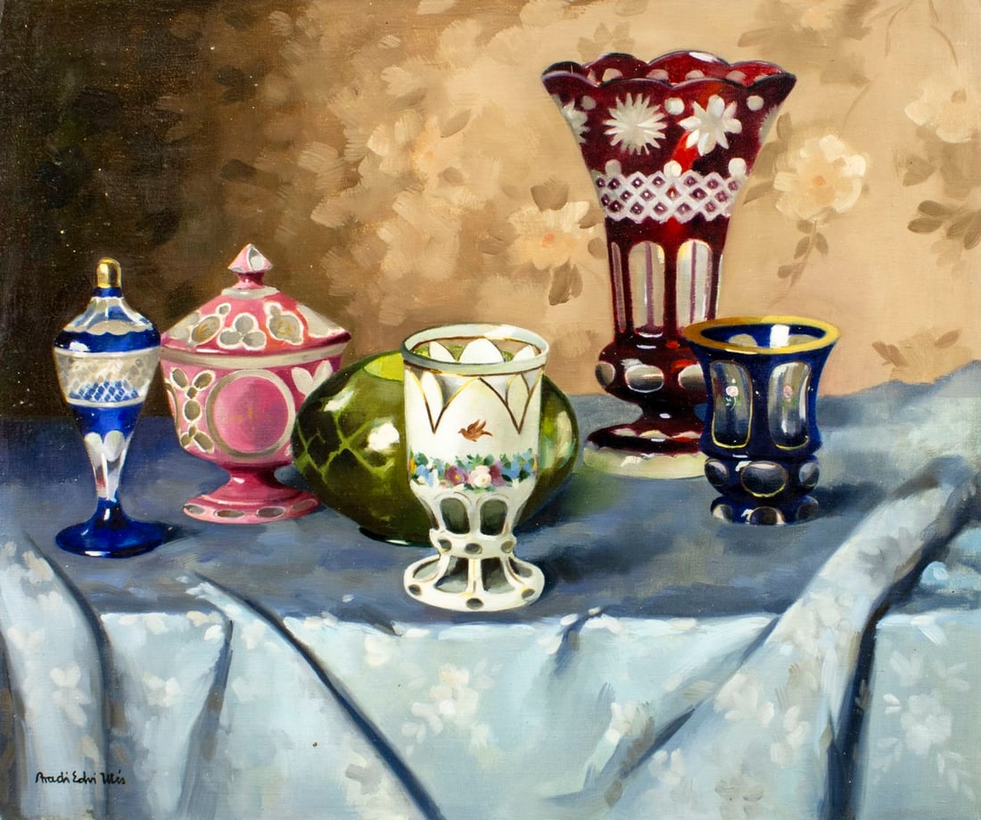Aradi Edvi Illes (Hungary,20C) oil painting: ARTIST: Aradi Edvi Illes (Hungarian, 20 century) TITLE: Still Life with Vases MEDIUM: oil on canvas CONDITION: Unstretched (In-House stretching available) (In-House stretchi