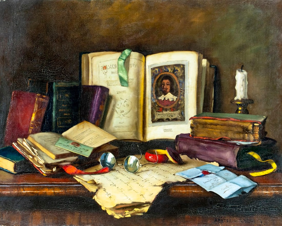 Janos Czene Apatfalvi (Hungary,1904-1984) oil painting: ARTIST: Janos Czene Apatfalvi (Hungarian, 1904 - 1984) TITLE: Still Life with Books MEDIUM: oil on canvas CONDITION: Minor paint losses. Some craquelure. No visible inpaint