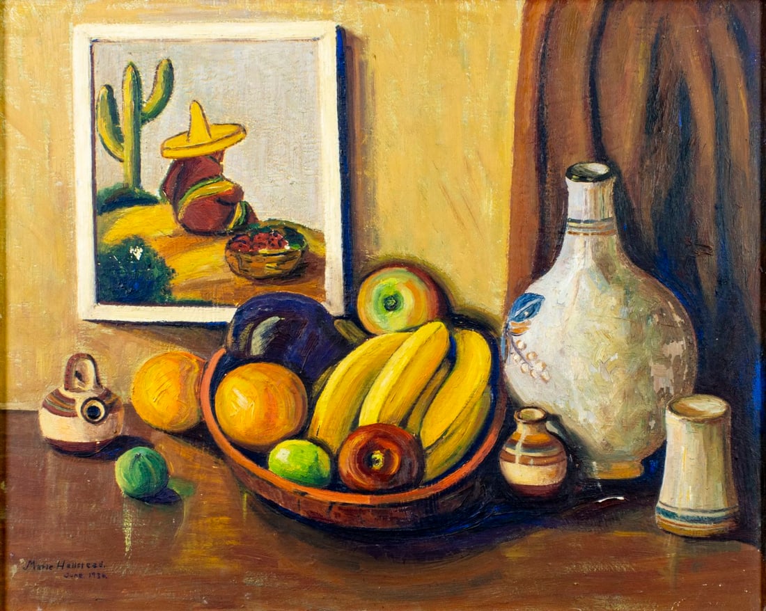 Marie Hallstead (US,mid 20C) oil painting antique: ARTIST: Marie Hallstead (American, mid 20 century) TITLE: Still Life with Fruit Basket and Vase YEAR: 1936 MEDIUM: oil on board CONDITION: Some flaking/p