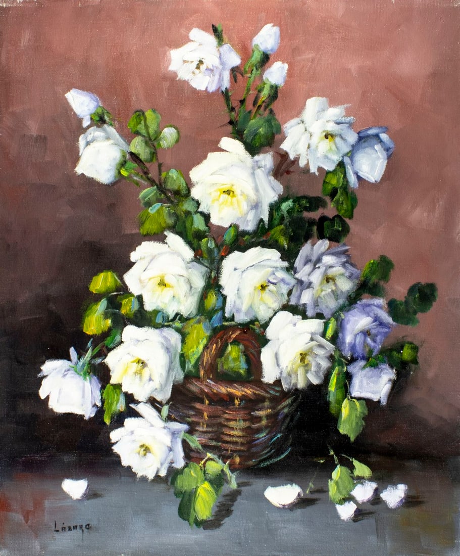 V Lazaro (Spain,1929-?) oil painting: ARTIST: V Lazaro (Spanish, 1929 - ???) TITLE: Still Life with Rose Basket MEDIUM: oil on canvas CONDITION: Unstretched (In-House stretching available). Few minor paint losse