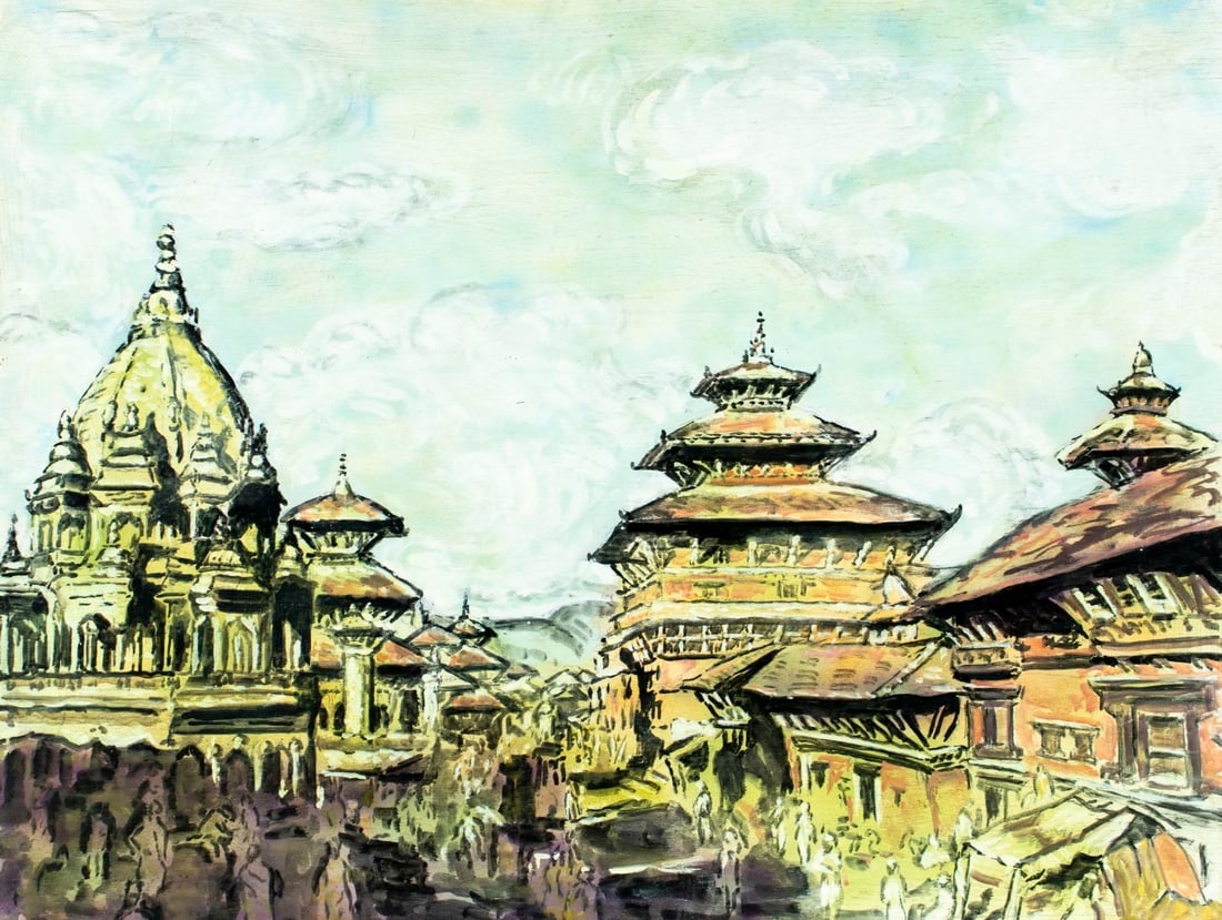 Evelyn Metzger (NY,Brazil,1911-2007) oil painting: ARTIST: Evelyn Borchard Metzger (New York, Brazilian, 1911 - 2007) TITLE: Patan Darbar Square, Nepal MEDIUM: oil on board CONDITION: Few minor scratches in the upper left qu