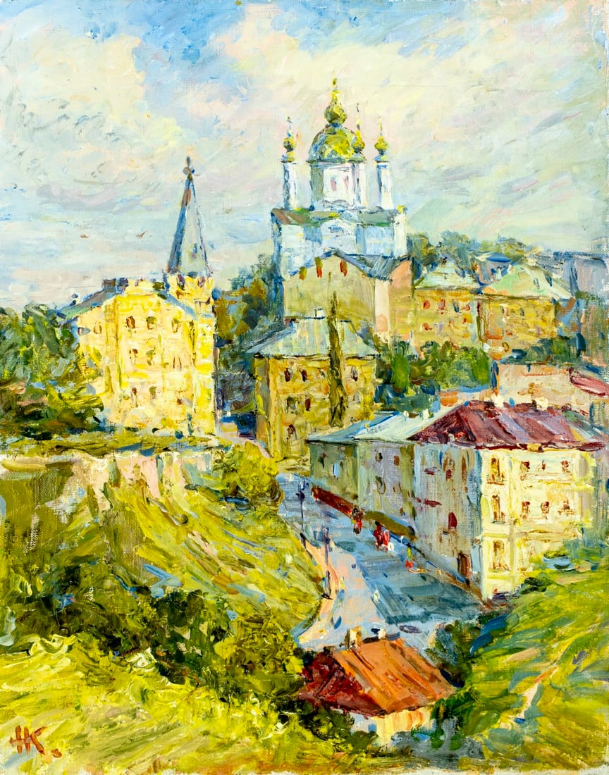 Nikolay Kalashnik (Ukraine,1940-?) oil painting: ARTIST: Nikolay Federovich Kalashnik (Ukrainian, 1940 - ???) TITLE: Cityscape - St Andrews Hill, Kyiv, Ukraine (titled on verso) YEAR: 1993 MEDIUM: oil on canvas