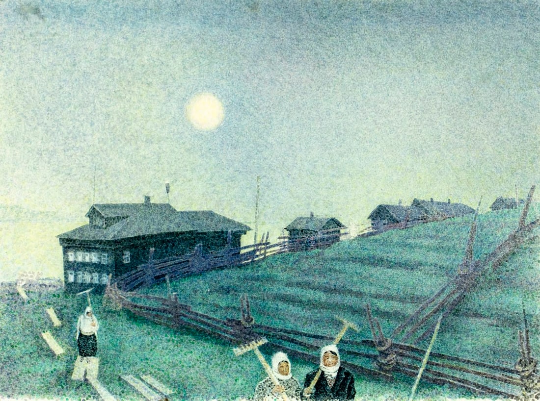 Tayssiya Skorodumova (Russia,1928-2020) watercolor painting: ARTIST: Tayssiya Nikolayevna Skorodumova (Russian, 1928 - 2020) TITLE: Country Scene MEDIUM: watercolor on paper CONDITION: Some pinholes along edges. Minor age toning. Fra