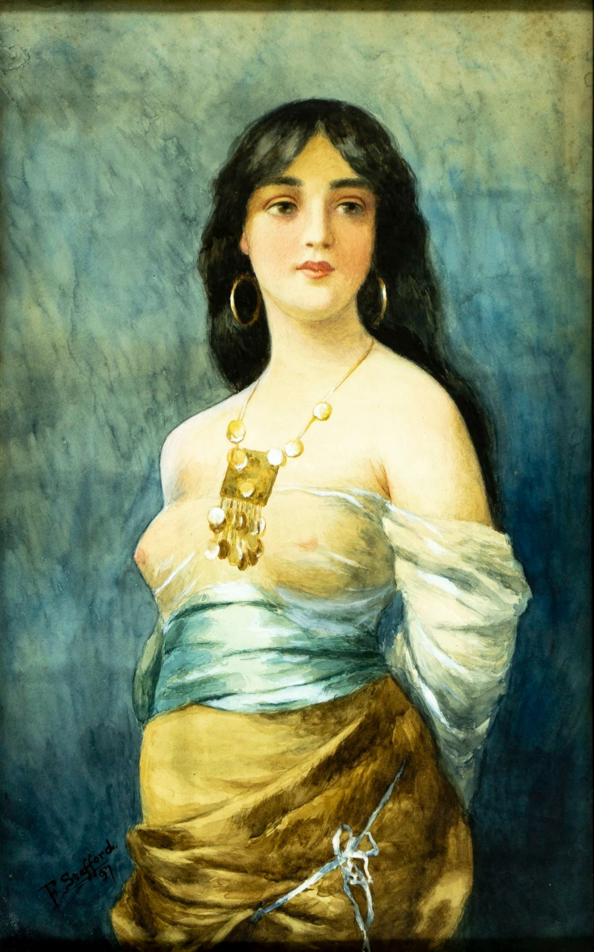 F Stafford (Europe,19C) watercolor painting antique: ARTIST: F Stafford (European, 19 century) TITLE: Portrait of Oriental Woman YEAR: 1897 MEDIUM: watercolor on paper CONDITION: Few pinholes by the upper l