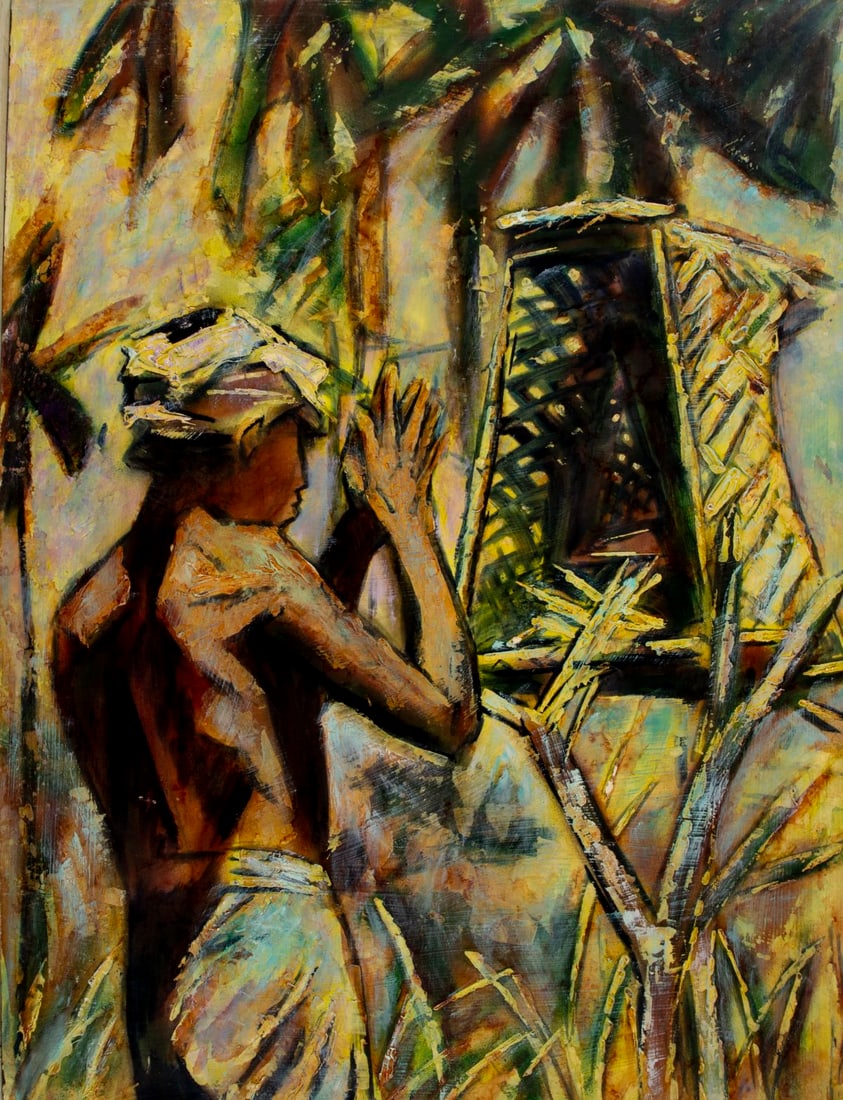 Evelyn Metzger (NY,Brazil,1911-2007) oil painting: ARTIST: Evelyn Borchard Metzger (New York, Brazilian, 1911 - 2007) TITLE: Tribal Man Praying MEDIUM: oil on board CONDITION: Minor damages to corners. No visible inpaint und