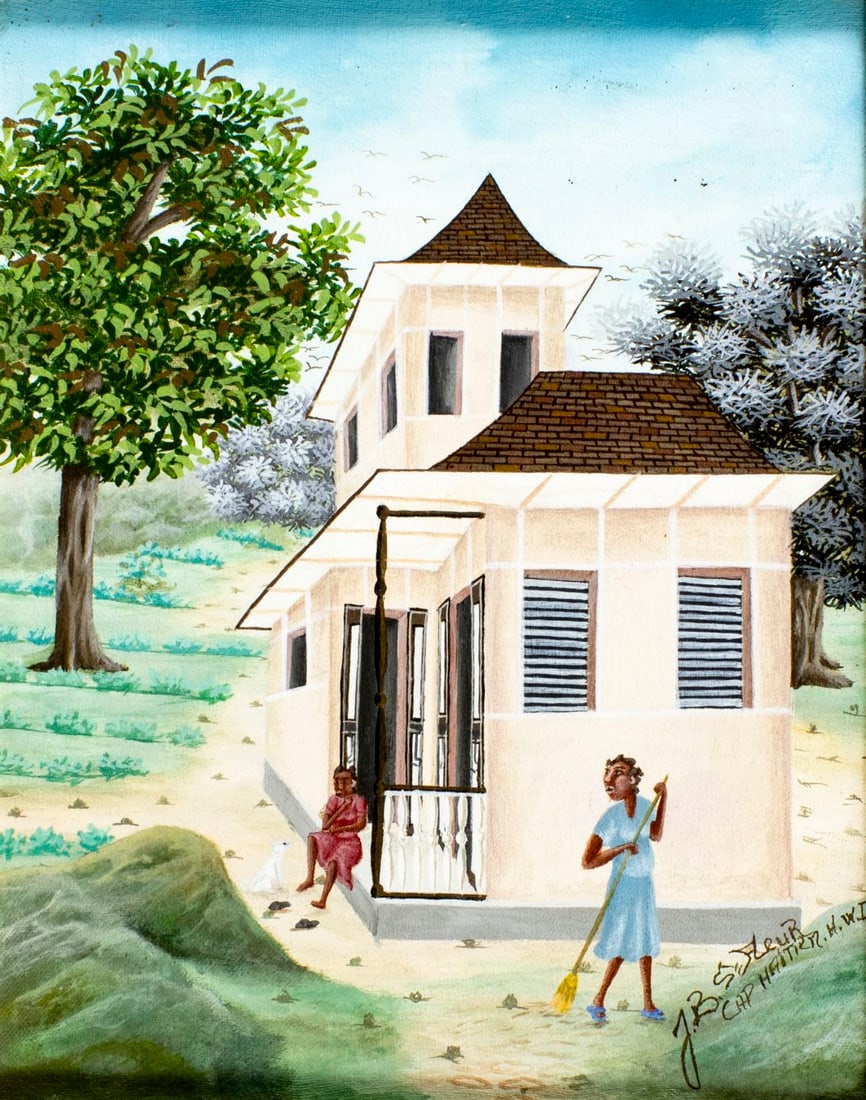 J B Saint Fleur (Haiti,20C) oil painting: ARTIST: J B Saint Fleur (Haitian, 20 century) TITLE: Haitian Landscape with Cottage MEDIUM: oil on canvas CONDITION: Few minor paint losses. Minor craquelure. No visible inp