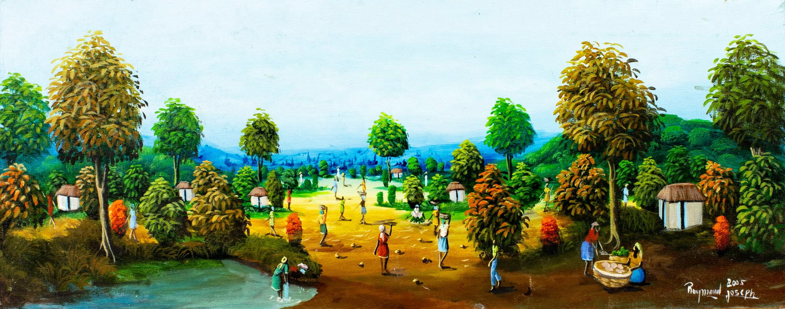 Raymond Joseph (Haiti,20C) oil painting: ARTIST: Raymond Joseph (Haitian, 20 century) TITLE: Haitian Village Landscape YEAR: 2005 MEDIUM: oil on canvas CONDITION: Minor scratches/paint losses. M