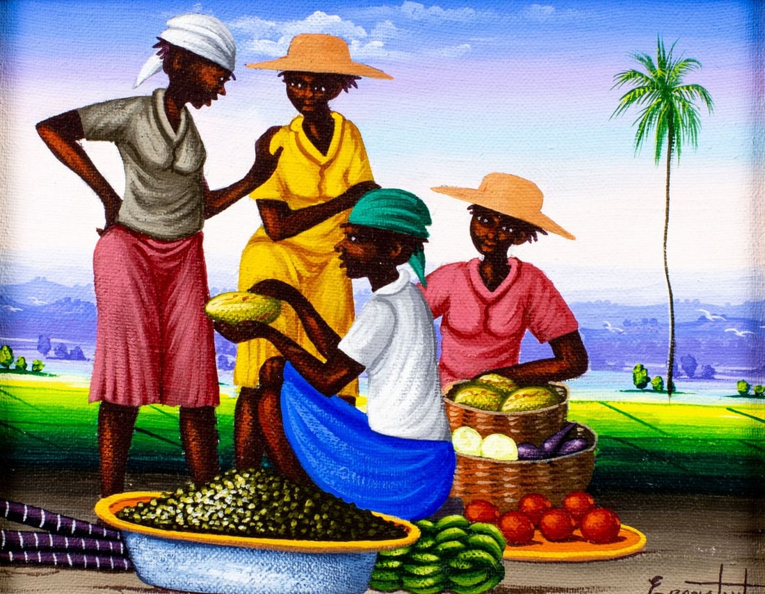 E Constant (Haiti,20C) oil painting: ARTIST: E Constant (Haitian, 20 century) TITLE: Haitian Fruit Sellers MEDIUM: oil on canvas CONDITION: Very good. No visible inpaint under UV light. ART SIZE:</