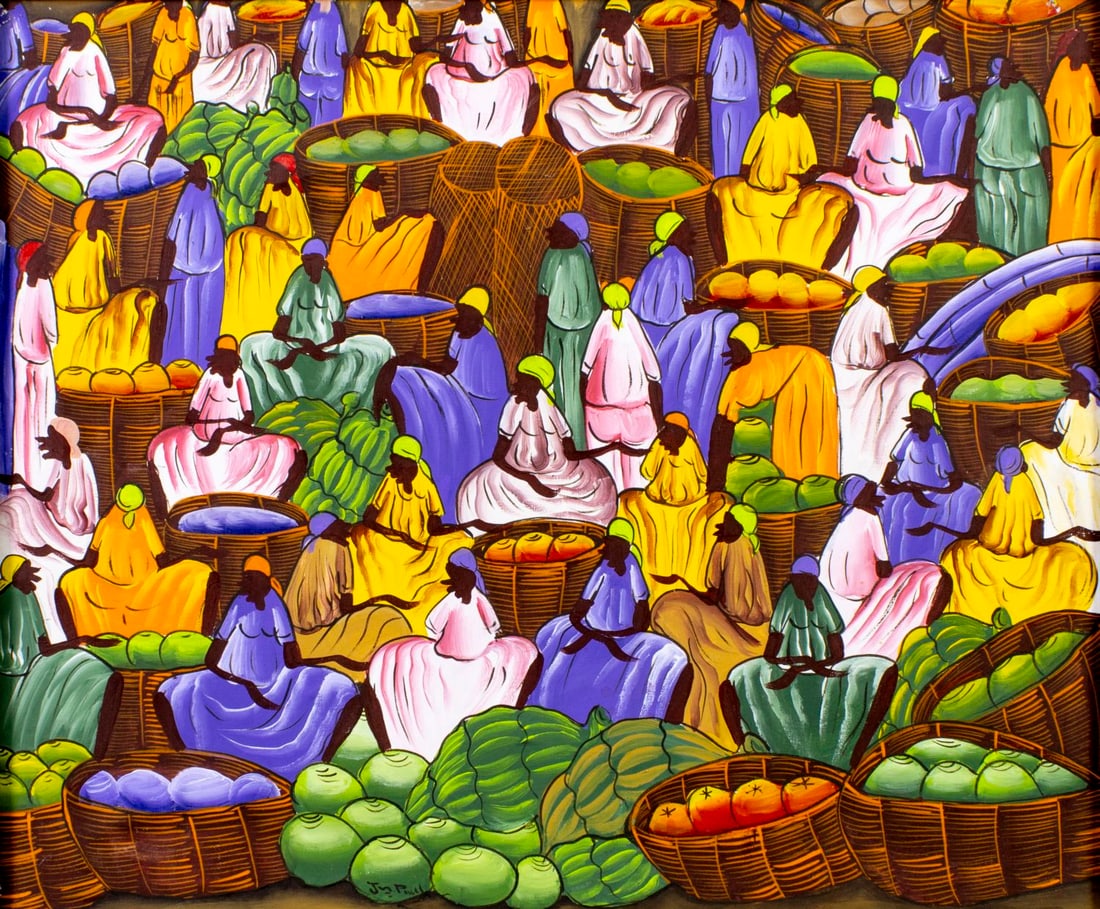 Jean Paul (Haiti,20/21C) oil painting: ARTIST: Jean Paul (Haitian, 20/21 centuries) TITLE: Haitian Market Scene MEDIUM: oil on canvas CONDITION: Few small scratches/paint losses. No visible inpaint under UV light