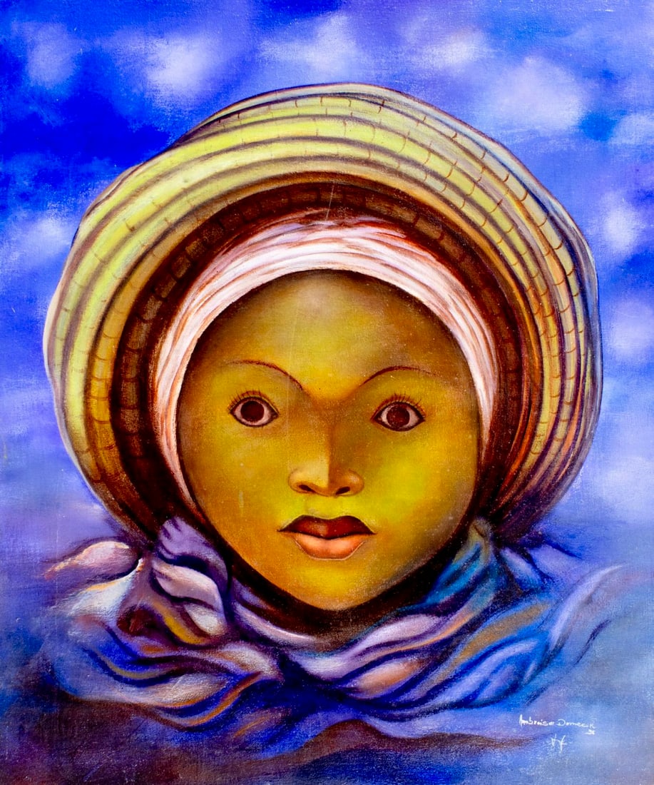 Ambroise Domeck (Haiti,20C) oil painting: ARTIST: Ambroise Domeck (Haitian, 20 century) TITLE: Portrait of Haitian Woman YEAR: 1996 MEDIUM: oil on canvas CONDITION: Minor scratches/paint losses.