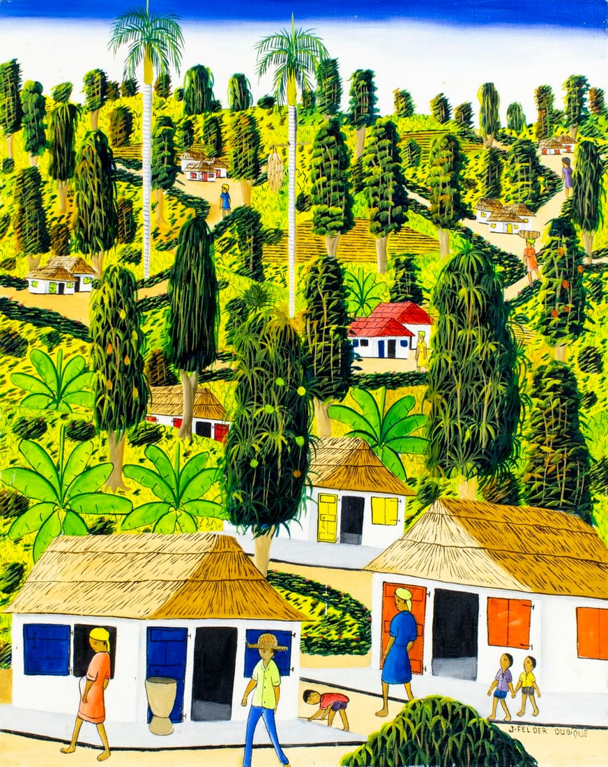 J Felder Dubique (Haiti,20C) oil painting: ARTIST: J Felder Dubique (Haitian, 20 century) TITLE: Haitian Village Landscape MEDIUM: oil on canvas CONDITION: Few small scratches/paint losses. Minor craquelure. No visib