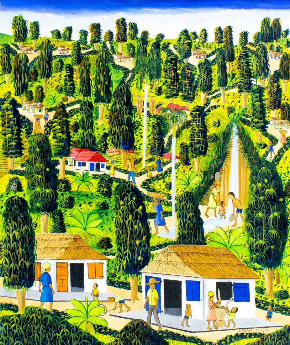 J Felder Dubique (Haiti,20C) oil painting: ARTIST: J Felder Dubique (Haitian, 20 century) TITLE: Haitian Village Landscape MEDIUM: oil on canvas CONDITION: Few small scratches/paint losses. Some craquelure. No visibl
