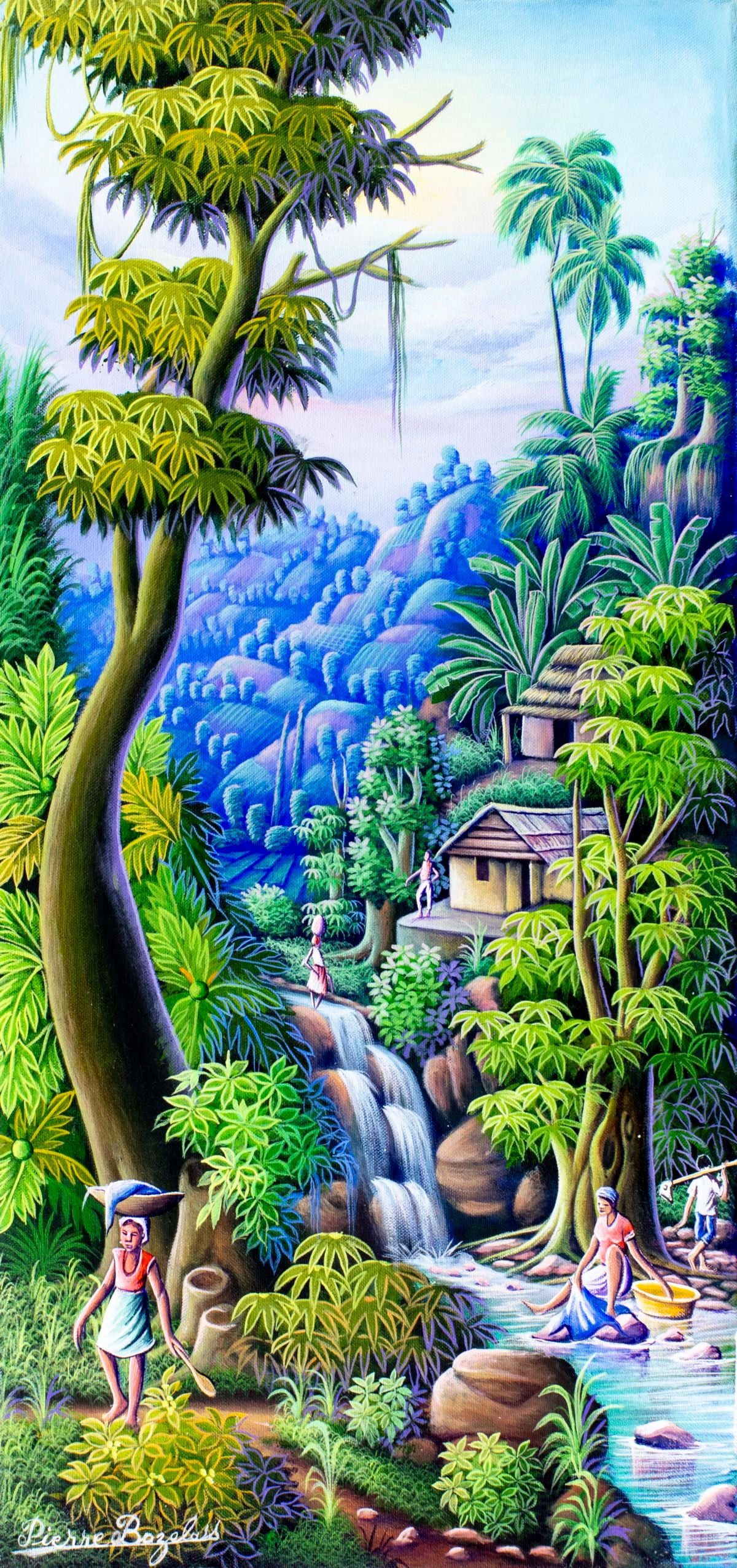 Pierre Baselais (Haiti,20C) oil painting: ARTIST: Pierre Baselais (Haitian, 20 century) TITLE: Haitian Landscape with Waterfall MEDIUM: oil on canvas CONDITION: Few minor paint losses. No visible inpaint under UV li